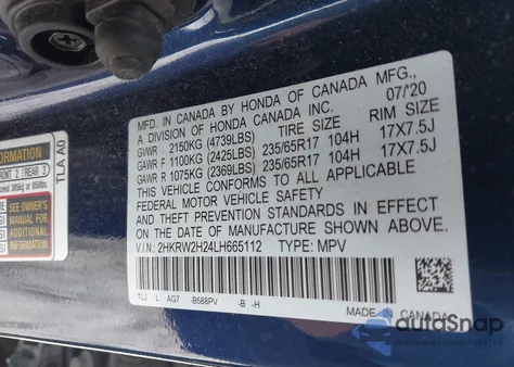 2020 Honda Cr-V Awd Lx из США, поврежденный, VIN 2HKRW2H24LH665112